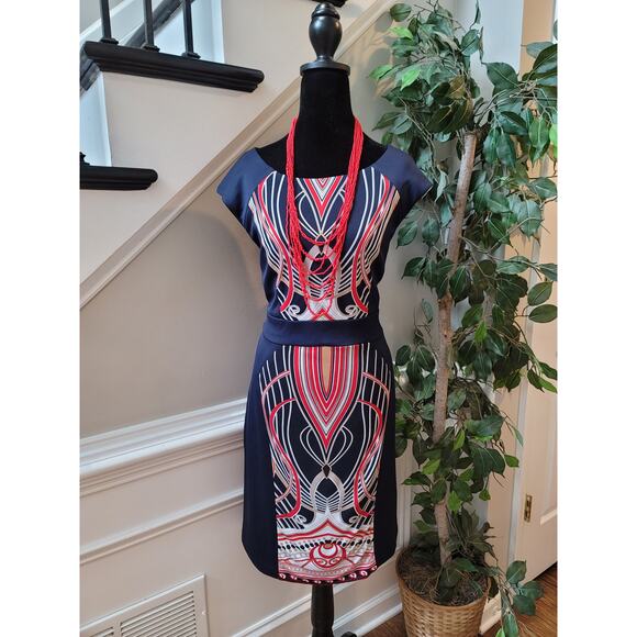 Sandra Darren Dress Womens 12 Navy Red Geometric Sheath Career Party Lined - Picture 1 of 12